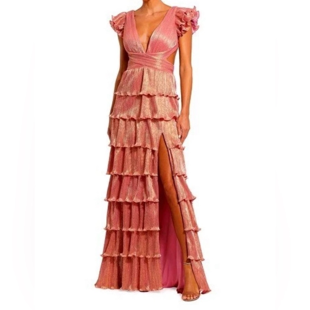 Mac Duggal Coral Pink Gold Ruffle Tiered Criss Cross Lace Up Gown